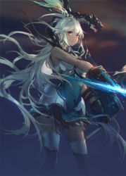 Rule 34 | 1girl, armored boots, black gloves, boots, dark-skinned female, dark skin, dragon, dress, floating hair, gloves, granblue fantasy, hair between eyes, highres, long hair, outdoors, red eyes, short dress, silver hair, sleeveless, sleeveless dress, solo, standing, swd3e2, thigh boots, thighhighs, very long hair, white dress, zooey (granblue fantasy)