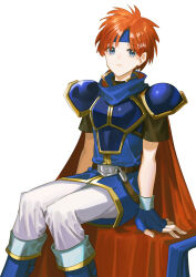 Rule 34 | 1boy, armor, artist name, belt, blue cape, blue eyes, blue gloves, blue headband, cape, cuirass, fingerless gloves, fire emblem, fire emblem: the binding blade, gloves, headband, looking at viewer, nintendo, noki (affabile), pants, red cape, red hair, roy (fire emblem), short hair, shoulder armor, simple background, sitting, solo, two-sided cape, two-sided fabric, white background, white pants