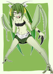 Rule 34 | 1girl, absurdres, antennae, berusu (nedgia1421), blush, bow, breasts, cleavage, colored skin, extra arms, extra eyes, female focus, green hair, green skin, green skirt, hair bow, highres, arthropod girl, legs apart, monster girl, open mouth, original, ribs, skirt, small breasts, solo, standing, strapless, tongue, tongue out, tube top, twintails