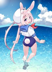 Rule 34 | 1girl, ahoge, akagashi hagane, animal ear fluff, animal ears, ass, barefoot, cloud, day, from behind, hair ornament, hairclip, hat, horizon, kneepits, legs, long hair, looking back, low twintails, no pants, ocean, one-piece swimsuit, open mouth, outdoors, pink eyes, pink hair, rabbit ears, rabbit tail, school swimsuit, school uniform, serafuku, shirt, sky, smile, soles, solo, swimsuit, tail, toes, tomari mari, tomari mari channel, twintails, virtual youtuber, wading, walking, water, white hat, white shirt