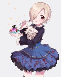 Rule 34 | 10s, 1girl, :d, ascot, bad id, bad pixiv id, black bow, black bowtie, black jacket, black ribbon, black thighhighs, blonde hair, blue skirt, blush, bone, bow, bowl, bowtie, brooch, buttons, corset, cowboy shot, cropped jacket, earrings, eyeball, food, frilled sleeves, frills, fruit, glass, grey background, hair over one eye, highres, holding, holding spoon, idolmaster, idolmaster cinderella girls, jacket, jewelry, long sleeves, misumi (macaroni), open mouth, over-kneehighs, pleated skirt, pocky, print skirt, pudding, red bow, red eyes, ribbon, shirasaka koume, shirt, short hair, skirt, skull print, smile, solo, spoon, star (symbol), strawberry, sweets, thighhighs, white shirt