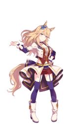 Rule 34 | 1girl, animal ears, blonde hair, blue eyes, full body, gold city (umamusume), highres, horse ears, horse girl, horse tail, jacket, long hair, long sleeves, looking at viewer, midriff, official art, purple thighhighs, red shorts, shorts, simple background, smile, solo, starting future (umamusume), tail, thighhighs, transparent background, umamusume, white jacket