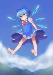 Rule 34 | 1girl, barefoot, bloomers, blue dress, blue eyes, blue hair, blue sky, blush, bow, cirno, cloud, day, dress, evil grin, evil smile, feet, floating, grin, hair bow, highres, ice, ice wings, looking down, matching hair/eyes, puffy short sleeves, puffy sleeves, reiji-rj, ribbon, short hair, short sleeves, sky, smile, soles, solo, touhou, underwear, upskirt, wings