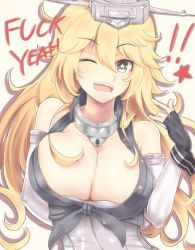 Rule 34 | !, !!, 10s, 1girl, ;d, arm behind back, bare shoulders, black gloves, black ribbon, black shirt, blonde hair, blue eyes, blush, bra, breasts, cleavage, collar, curtset, elbow gloves, english text, eyebrows, front-tie top, gankami, gloves, grey hat, hair between eyes, hat, head tilt, headgear, iowa (kancolle), kantai collection, large breasts, long hair, one eye closed, open clothes, open mouth, open shirt, profanity, ribbon, shirt, simple background, smile, solo, star-shaped pupils, star (symbol), symbol-shaped pupils, teeth, tsurime, underbust, underwear, upper body, very long hair, white bra, wrist cuffs, yellow background