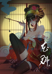 Rule 34 | 1girl, absurdres, artist name, bare shoulders, black thighhighs, bracelet, breasts, brown hair, chinese text, cleavage, closed mouth, collarbone, dress, eyelashes, fingernails, floral print, flower, hair bun, hair flower, hair ornament, hair rings, hair stick, highres, holding, holding smoking pipe, japanese clothes, jewelry, kimono, kiseru, knee up, lips, looking at viewer, medium breasts, mi (630956686), nail polish, nose, obi, off-shoulder dress, off shoulder, oiran, original, pink lips, red eyes, red nails, sash, short eyebrows, sidelocks, signature, single hair bun, sitting, sliding doors, smile, smoke, smoking pipe, solo, tassel, thighhighs, veranda, wide sleeves, wooden floor
