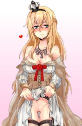 Rule 34 | 10s, 1girl, aqua eyes, bare shoulders, blonde hair, blush, braid, breasts, brown thighhighs, cleavage, clothes lift, collarbone, corset, crown, dress, dress lift, eyebrows, eyes visible through hair, flower, french braid, frown, garter belt, garter straps, hair between eyes, hairband, heart, highres, jewelry, kantai collection, lace, lace-trimmed dress, lace trim, large breasts, long hair, long sleeves, looking away, mini crown, necklace, no panties, nose blush, off-shoulder dress, off shoulder, pussy, red flower, red ribbon, red rose, ribbon, rose, solo, sunko, thighhighs, uncensored, warspite (kancolle), white dress