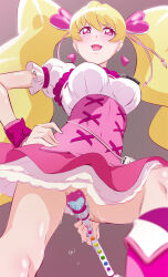 Rule 34 | 1girl, blonde hair, breasts, cure peach, earrings, fresh precure!, from below, fuchi (nightmare), hair ornament, hand on own hip, heart, heart earrings, heart hair ornament, highres, holding, holding wand, jewelry, large breasts, long hair, looking at viewer, looking down, magical girl, momozono love, no panties, open mouth, pink eyes, precure, puffy short sleeves, puffy sleeves, short sleeves, smile, solo, sweat, twintails, very long hair, wand, wrist cuffs