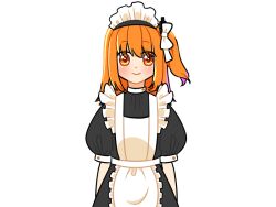 Rule 34 | 1girl, a.i. voice, adachi rei, alternate costume, apron, black dress, closed mouth, dress, enmaided, frilled apron, frills, hair ribbon, looking at viewer, maid, maid apron, maid headdress, medium hair, one side up, orange eyes, orange hair, puffy short sleeves, puffy sleeves, retsu404, ribbon, short sleeves, simple background, smile, solo, standing, straight-on, transparent background, upper body, utau, white apron, white ribbon