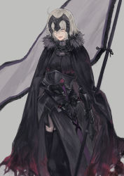 Rule 34 | 1girl, armor, armored dress, black cape, black dress, black gloves, black thighhighs, breasts, cape, cat tail, dress, fate/grand order, fate (series), fur-trimmed cape, fur trim, gloves, grey background, grey hair, heart, jeanne d&#039;arc alter (fate), lsunl, medium hair, polearm, solo, standard bearer, sword, tail, thighhighs, thighs, weapon, yellow eyes