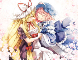 Rule 34 | 2girls, :d, ^ ^, black ribbon, blonde hair, blue dress, bow, breasts, choker, cleavage, detached sleeves, dress, closed eyes, gloves, hair bow, holding hands, hat, hat ribbon, interlocked fingers, japanese clothes, kimono, long hair, long sleeves, looking at another, medium breasts, mob cap, multiple girls, neck ribbon, open mouth, pink hair, piyokichi, puffy short sleeves, puffy sleeves, purple dress, red bow, red ribbon, ribbon, ribbon choker, saigyouji yuyuko, short hair, short sleeves, smile, touhou, triangular headpiece, very long hair, white gloves, wide sleeves, yakumo yukari