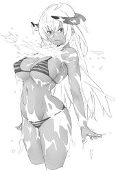 Rule 34 | 1girl, bad id, bad twitter id, bare shoulders, bikini, breasts, cleavage, covered erect nipples, cropped legs, dark-skinned female, dark skin, greyscale, groin, highres, horns, inactive account, large breasts, long hair, looking at viewer, monochrome, navel, simple background, solo, splashing, strap gap, string bikini, striped bikini, striped clothes, swimsuit, velzhe, water, wet, white background
