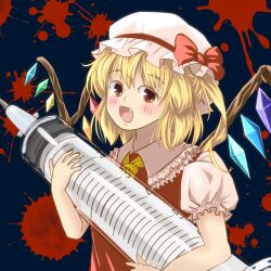 Rule 34 | 1girl, ascot, blonde hair, blood, blood splatter, blush, bow, brown eyes, collared shirt, crystal, fang, flandre scarlet, frilled shirt collar, frills, hat, hat bow, hat ribbon, highres, holding, holding syringe, looking at viewer, medium hair, mob cap, multicolored wings, one side up, open mouth, oversized object, puffy short sleeves, puffy sleeves, red bow, red ribbon, red vest, ribbon, sasurai no kuchibuefuki, shirt, short sleeves, solo, syringe, touhou, upper body, vest, white hat, white shirt, wings, yellow ascot