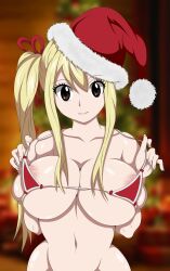 Rule 34 | 1girl, areola slip, bikini, blonde hair, breasts, brown eyes, christmas, christmas tree, cleavage, fairy tail, highres, immortalking art, large breasts, long hair, looking at viewer, lucy heartfilia, side ponytail, smile, solo, swimsuit, tagme