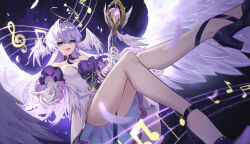 Rule 34 | 1girl, absurdres, angel wings, ass, bare legs, bare shoulders, black footwear, breasts, chinese commentary, cleavage, collar, commentary request, czk, detached sleeves, dress, gloves, green eyes, hair between eyes, hair intakes, halo, head wings, highres, holding, holding microphone stand, honkai: star rail, honkai (series), jewel under eye, large breasts, large wings, long hair, looking at viewer, microphone, microphone stand, musical note, musical note ornament, outstretched arm, purple collar, purple sleeves, reaching, reaching towards viewer, robin (honkai: star rail), smile, solo, white dress, white gloves, white hair, white wings, wings
