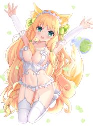 Rule 34 | 1girl, animal ears, bare shoulders, blonde hair, blush, breasts, cleavage, green eyes, hair ornament, hands up, highres, hiyada yuu, long hair, looking at viewer, navel, open mouth, original, ribbon, seiza, simple background, sitting, smile, solo, thighhighs, thighs, twintails, underwear, white background, white thighhighs