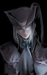 Rule 34 | 1girl, bloodborne, cape, gem, hat, hat feather, head tilt, highres, itsuki (itsukiovo), lady maria of the astral clocktower, looking at viewer, ponytail, the old hunters, tricorne, white eyes, white hair