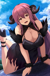 Rule 34 | 1girl, :d, all fours, arm support, bare shoulders, black horns, blue sky, breasts, brown eyes, cleavage, cloud, cloudy sky, day, demon, demon girl, demon horns, detached sleeves, dress, fur-trimmed sleeves, fur trim, giant, giantess, halter dress, halterneck, hanging breasts, highres, horns, huge breasts, jewelry, kanzaki kureha, legs up, long hair, looking at viewer, necklace, open mouth, original, outdoors, sidelocks, sky, smile, solo, strappy heels, teeth, upper teeth only, very long hair, wristband, yellow eyes