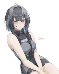 Rule 34 | 1girl, absurdres, ahoge, arknights, artist name, bare arms, bare shoulders, black hair, blue eyes, breasts, commentary, grey shirt, hair intakes, highres, la pluma (arknights), looking at viewer, medium breasts, shirt, short hair, signature, simple background, sleeveless, sleeveless shirt, solo, thighs, white background, yuu azma