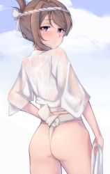 Rule 34 | 1girl, absurdres, ass, blush, brown hair, closed mouth, cowboy shot, embarrassed, folded ponytail, from behind, fundoshi, headband, highres, holding, holding towel, japanese clothes, looking at viewer, looking back, love live!, love live! sunshine!!, nasuno (nasuno42), purple eyes, solo, towel, watanabe you, wet, wet clothes