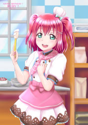 Rule 34 | 1girl, apron, aqua bow, aqua eyes, artist name, artist request, blush, bow, breasts, checkered clothes, checkered neckwear, clenched hand, female focus, green eyes, hair between eyes, hair ornament, hat, hat bow, highres, holding, indoors, kitchen, kurosawa ruby, looking at viewer, love live!, love live! school idol festival, love live! sunshine!!, mini hat, miniskirt, parted lips, pink apron, pink bow, pink neckwear, plaid, plaid skirt, pleated, pleated skirt, puffy short sleeves, puffy sleeves, red hair, shirt, short hair, short sleeves, skirt, small breasts, smile, solo, star (symbol), twintails, two side up, white hat, white shirt, white skirt, window, x hair ornament