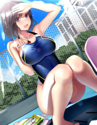 Rule 34 | 1girl, arm up, black hair, blue sky, breasts, chocolate, cloud, competition swimsuit, day, fence, food, grey eyes, highres, large breasts, lens flare, looking at viewer, one-piece swimsuit, open mouth, original, sky, solo, squatting, suika (atelier-yuu), swimsuit