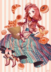 Rule 34 | 1girl, absurdres, ankle boots, bag, bagel, baguette, blue skirt, boots, bow, braid, bread, breasts, brown eyes, brown hair, brown hat, commentary request, croissant, doughnut, eating, floating, floral print, food, frilled sleeves, frills, full body, green skirt, grocery bag, hair bow, hat, high heel boots, high heels, highres, holding, holding bag, holding food, long hair, long skirt, long sleeves, looking at viewer, low twintails, massuru, melon bread, original, paper bag, parted lips, puffy long sleeves, puffy sleeves, purple bow, ribbon, shirt, shopping bag, signature, sitting, skirt, small breasts, solo, striped background, striped clothes, twintails, white shirt