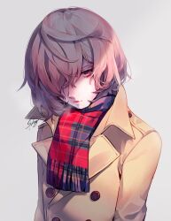 Rule 34 | 1boy, akechi gorou, brown coat, buttons, closed mouth, coat, eyelashes, frown, highres, long sleeves, male focus, persona, persona 5, plaid, plaid skirt, red eyes, shimogu, short hair, signature, simple background, skirt, solo, upper body, white background