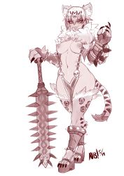 Rule 34 | 1girl, absurdres, alternate costume, animal ear fluff, animal ears, animal hands, aztec, breasts, claws, cleavage, club, club (weapon), commentary, dark-skinned female, dark skin, english commentary, evil grin, evil smile, full body, functionally nude, fur collar, grin, hair between eyes, high heels, highres, large breasts, lips, loincloth, macuahuitl, monochrome, monster girl, monster girl encyclopedia, monster girl encyclopedia ii, navel, neck fur, nerdbayne, nipple piercing, nipples, ocelomeh (monster girl encyclopedia), pelvic curtain, piercing, revealing clothes, sharp teeth, short hair, sketch, skull, slingshot swimsuit, slit pupils, smile, solo, spiked club, standing, swimsuit, tail, teeth, weapon, yellow eyes