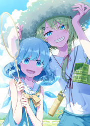 Rule 34 | 2girls, alternate costume, alternate hair color, blue dress, blue eyes, blue hair, braid, bug hunting, butterfly net, cage, cirno, commentary request, day, dress, field, flower, grass, green hair, grin, hand net, hat, ice, ice wings, kirisame marisa, looking at viewer, multiple girls, open mouth, outdoors, sailor collar, sakuraba yuuki, shadow, shirt, short sleeves, single braid, sleeveless, smile, straw hat, summer, sun hat, sunflower, sunlight, t-shirt, teeth, touhou, white shirt, wings