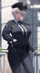 Rule 34 | 1girl, absurdres, artist name, black necktie, black pants, blue eyes, blurry, blurry background, collared shirt, cowboy shot, crossed bangs, cuffs, day, gun, hair between eyes, hand in pocket, hat, highres, looking at viewer, necktie, original, outdoors, pants, pigone, police, police hat, police uniform, shirt, short hair, silver hair, solo, standing, sunlight, uniform, weapon, whistle, white shirt