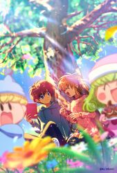 2boys 2girls ^_^ absurdres blonde_hair blue_eyes blunt_bangs blush_stickers book brown_hair closed_eyes grass green_hair highres holding holding_book hood hoodie kalotsuki minami_kaede mini_person miniboy minigirl mirumo mirumo_de_pon! multiple_boys multiple_girls outdoors rirumu_(mirumo_de_pon!) setsu_yuuki sidelocks smile solid_oval_eyes tree twintails twitter_username