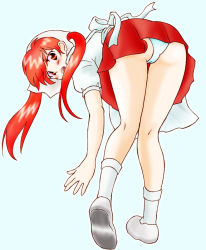 Rule 34 | 00s, 1girl, apron, ass, bent over, blush, dress, from behind, full body, head scarf, knees together feet apart, looking back, muteki kanban musume, onimaru miki, open clothes, open mouth, panta, panties, pantyshot, red eyes, red hair, short twintails, skirt, solo, standing, surprised, twintails, underwear, upskirt, white panties