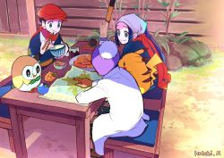 Rule 34 | 1girl, 2boys, akari (pokemon), artist name, black hair, blue eyes, cabbie hat, chopsticks, commentary request, creatures (company), eating, food, food on face, galaxy expedition team survey corps uniform, game freak, gen 1 pokemon, gen 7 pokemon, hat, highres, holding, holding chopsticks, japanese clothes, kaichi210, lab coat, laventon (pokemon), map, multiple boys, nintendo, pikachu, pokemon, pokemon legends: arceus, red hat, red scarf, rei (pokemon), rowlet, scarf, smile, solo, table, wooden table