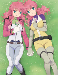 Rule 34 | 00s, 2girls, aqua eyes, belt, bodysuit, boots, cropped jacket, curly hair, dual persona, elbow gloves, feldt grace, field, flower, gloves, grass, grey thighhighs, gundam, gundam 00, holding hands, lying, multiple girls, pink hair, plum (arch), short twintails, skin tight, smile, thigh boots, thighhighs, time paradox, twintails, utility belt