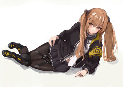 Rule 34 | 1girl, black bow, black footwear, black jacket, black pantyhose, black skirt, boots, bow, brown eyes, brown hair, closed mouth, full body, girls&#039; frontline, hair bow, highres, jacket, knee pads, long hair, long sleeves, looking at viewer, lying, on side, pantyhose, scar, scar across eye, simple background, skirt, smile, solo, spxn7787, twintails, ump9 (girls&#039; frontline), white background