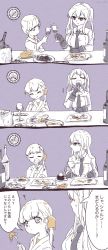 Rule 34 | 2girls, 4koma, ?, a (phrase), asymmetrical bangs, blush, bottle, breasts, bucket, clock, closed eyes, closed mouth, collared shirt, comic, commentary request, counter, cup, drinking, drinking glass, eating, food, fork, gloves, graf zeppelin (kancolle), hair between eyes, hand on table, highres, holding, holding cup, holding fork, holding knife, indoors, japanese clothes, kantai collection, kimono, knife, long hair, long sleeves, motion lines, multiple girls, nami nami (belphegor-5812), necktie, plate, shin&#039;you (kancolle), shirt, side ponytail, smile, speech bubble, spot color, sweat, translation request, twintails, twitter username, undershirt, upper body, wine bottle, wine glass