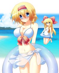 Rule 34 | 2girls, :o, alice margatroid, alternate costume, arms behind back, beach, bikini, blonde hair, blue eyes, blue sky, blush, bow, breasts, cleavage, cloud, day, doll, female focus, flying, hair bow, hair ornament, hairband, hill, innertube, large breasts, long hair, looking at viewer, matching shanghai, multiple girls, one-piece swimsuit, osashin (osada), outdoors, ribbon, sarong, school swimsuit, see-through, see-through sarong, shanghai doll, shiny skin, short hair, side-tie bikini bottom, sky, smile, solo focus, standing, sweatdrop, swim ring, swimsuit, thigh gap, touhou, water, white bikini, white one-piece swimsuit, white school swimsuit