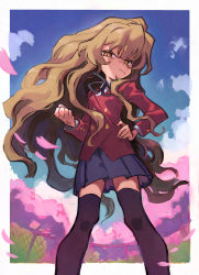Rule 34 | 1girl, aisaka taiga, angry, black ribbon, black thighhighs, blue skirt, blue sky, border, brown eyes, brown hair, buttoned cuffs, buttons, cherry blossoms, clenched hand, cloud, double-breasted, frown, hair between eyes, highres, jacket, long hair, long sleeves, looking at viewer, neck ribbon, outdoors, outside border, petals, pleated skirt, red jacket, ribbon, robomb, shirt, skirt, sky, solo, thighhighs, toradora!, very long hair, white border, white shirt, zettai ryouiki