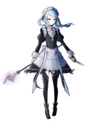 Rule 34 | 1girl, apron, blue eyes, blue hair, cryopon, dagger, feathers, fire emblem, fire emblem fates, flora (fire emblem), full body, highres, knife, long hair, maid, maid apron, maid headdress, matching hair/eyes, nintendo, short twintails, simple background, solo, sparkle, staff, thighhighs, twintails, weapon, white background