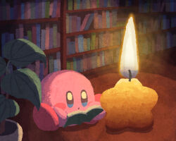 Rule 34 | blue eyes, blush stickers, book, bookshelf, candle, closed mouth, fire, holding, holding book, indoors, kirby, kirby (series), library, miclot, nintendo, no humans, pink footwear, plant, potted plant, shoes, sitting