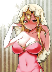 Rule 34 | 10s, 1girl, alternate costume, bare shoulders, blonde hair, blush, bracelet, breasts, brown eyes, chuunibyou demo koi ga shitai!, cleavage, covered navel, dress, earrings, covered erect nipples, full-face blush, hair ornament, hairclip, highres, impossible clothes, jewelry, large breasts, long hair, md5 mismatch, mori summer, nibutani shinka, no bra, solo, strapless, strapless dress, veil, yellow eyes, zaxwu