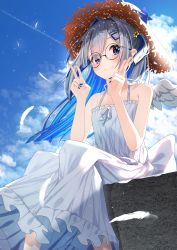 Rule 34 | 1girl, absurdres, alternate costume, amane kanata, angel, angel wings, bare shoulders, bespectacled, blue hair, blue nails, blue sky, borumete, closed mouth, cloud, colored inner hair, commentary request, contrail, day, double v, dress, feathered wings, feathers, feet out of frame, fingernails, frilled dress, frills, glasses, grey hair, hands up, hat, hat ornament, highres, hololive, long hair, looking at viewer, medium hair, multicolored hair, nail polish, outdoors, purple eyes, round eyewear, sitting, sky, sleeveless, sleeveless dress, smile, solo, star (symbol), star hat ornament, streaked hair, sun hat, sundress, v, virtual youtuber, white dress, wings