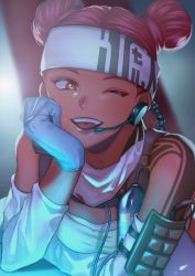 Rule 34 | 1girl, ;d, absurdres, animification, apex legends, bare shoulders, blue gloves, blush, breasts, brown hair, cable, chanms, coiled cord, collarbone, commentary, dark-skinned female, dark skin, detached sleeves, double bun, eyelashes, eyeliner, gloves, hair bun, half-closed eye, headband, headset, highres, intravenous drip, lifeline (apex legends), looking at viewer, makeup, mascara, medic, one eye closed, open mouth, pink hair, purple lips, short hair, shoulder tattoo, smile, solo, tattoo, teeth, upper body, upper teeth only, white headband