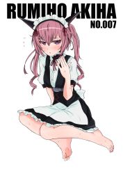 Rule 34 | 1girl, absurdres, akiha rumiho, animal ears, apron, bare legs, barefoot, belt, blush, breasts, cat ears, character name, dress, feet, full body, highres, kahlua (artist), looking at viewer, maid, maid apron, maid headdress, medium breasts, medium hair, nail polish, neck ribbon, parted lips, pink hair, pink nails, purple eyes, red ribbon, ribbon, short sleeves, simple background, soles, solo, steins;gate, sweat, toes, twintails, white background