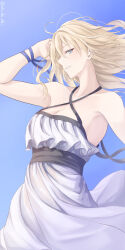 Rule 34 | 1girl, absurdres, alternate costume, atodashi, bare shoulders, bismarck (kancolle), blonde hair, blue eyes, breasts, cleavage, cowboy shot, dress, hair between eyes, highres, kantai collection, long hair, looking at viewer, medium breasts, outdoors, signature, smile, solo, strapless, strapless dress, twitter username, white dress