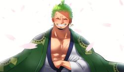 Rule 34 | 1boy, abs, absurdres, bara, bare pectorals, blush, chonmage, closed eyes, collarbone, earrings, falling petals, green hair, grin, highres, japanese clothes, jewelry, kimono, male focus, mouth hold, muscular, muscular male, official alternate costume, one piece, pectoral cleavage, pectorals, petals, roronoa zoro, scar, scar across eye, short hair, simple background, smile, solo, stalk in mouth, udon oneday, v-shaped eyebrows, white kimono