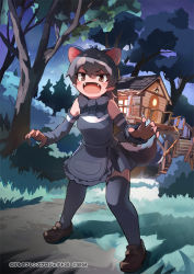 Rule 34 | 1girl, animal ears, apron, bare shoulders, black apron, black bow, black bowtie, black hair, black skirt, black sleeves, black thighhighs, bow, bowtie, brown eyes, brown footwear, brown gloves, claw pose, commentary request, detached sleeves, extra ears, fangs, full body, gloves, kemono friends, kemono friends 3, loafers, multicolored hair, official art, open mouth, pleated skirt, saltlaver, shoes, short hair, skirt, solo, tasmanian devil (kemono friends), tasmanian devil ears, tasmanian devil tail, thighhighs, two-tone hair, white hair, zettai ryouiki