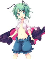 Rule 34 | 1girl, :d, antennae, bloomers, blue bloomers, blush, breasts, cape, unworn cape, collarbone, commentary request, cowboy shot, green eyes, green hair, holding, holding cape, holding clothes, looking at viewer, midriff, navel, open clothes, open mouth, open shirt, shirt, short hair, simple background, sleeves rolled up, small breasts, smile, solo, stomach, suichuu hanabi, touhou, underwear, white background, white shirt, wriggle nightbug