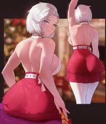 Rule 34 | 1girl, arm up, ass, back, backless shirt, bare back, belt, blurry, blurry background, bow, breasts, christmas, christmas tree, commentary, from behind, gift, halterneck, highres, jamesloves art, large breasts, layered skirt, looking at viewer, looking back, miniskirt, pantyhose, red skirt, shirt, short hair, sitting, skirt, virtual youtuber, vshojo, white belt, white bow, white hair, white pantyhose, white shirt, yellow eyes, zentreya, zentreya (cyborg)