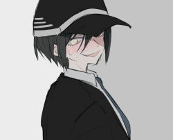 Rule 34 | 1boy, black hair, black hat, black jacket, blush, brown eyes, collared shirt, commentary request, danganronpa (series), danganronpa v3: killing harmony, from side, grey background, hair between eyes, hat, highres, iumi urura, jacket, looking at viewer, male focus, necktie, open mouth, saihara shuichi, shirt, simple background, solo, sweat, upper body